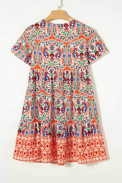 Orange Bohemian Print Tie Neck Ruffle Hem Short Dress