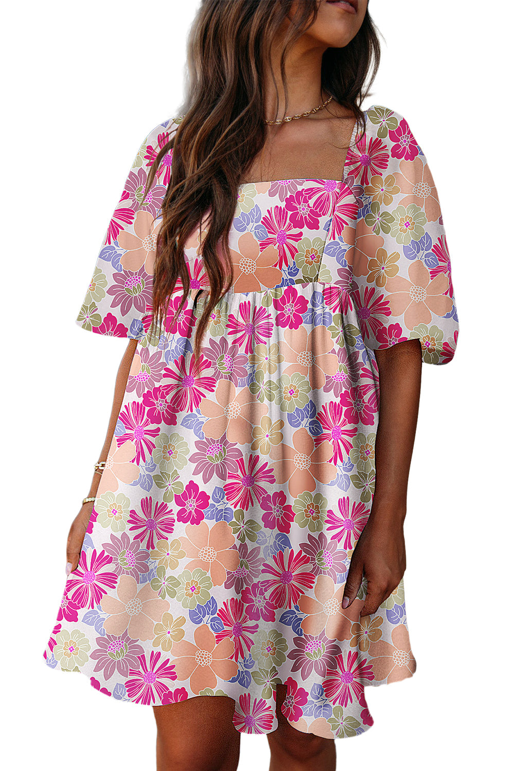 Rose Summer Floral Square Neck Puff Sleeve Babydoll Dress