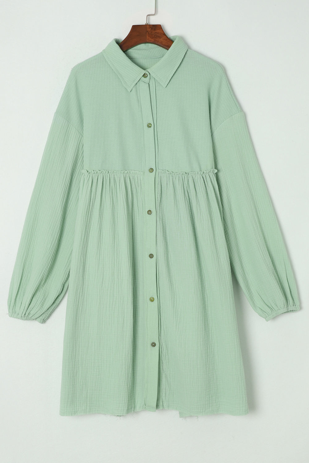 Green Patchwork Crinkle Puff Sleeve Shirt Dress