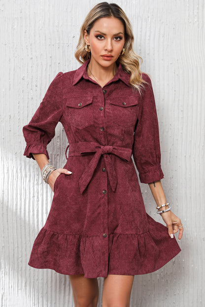 Red Dahlia Collared Buttons Front Ruffled Hem Shirt Corduroy Dress