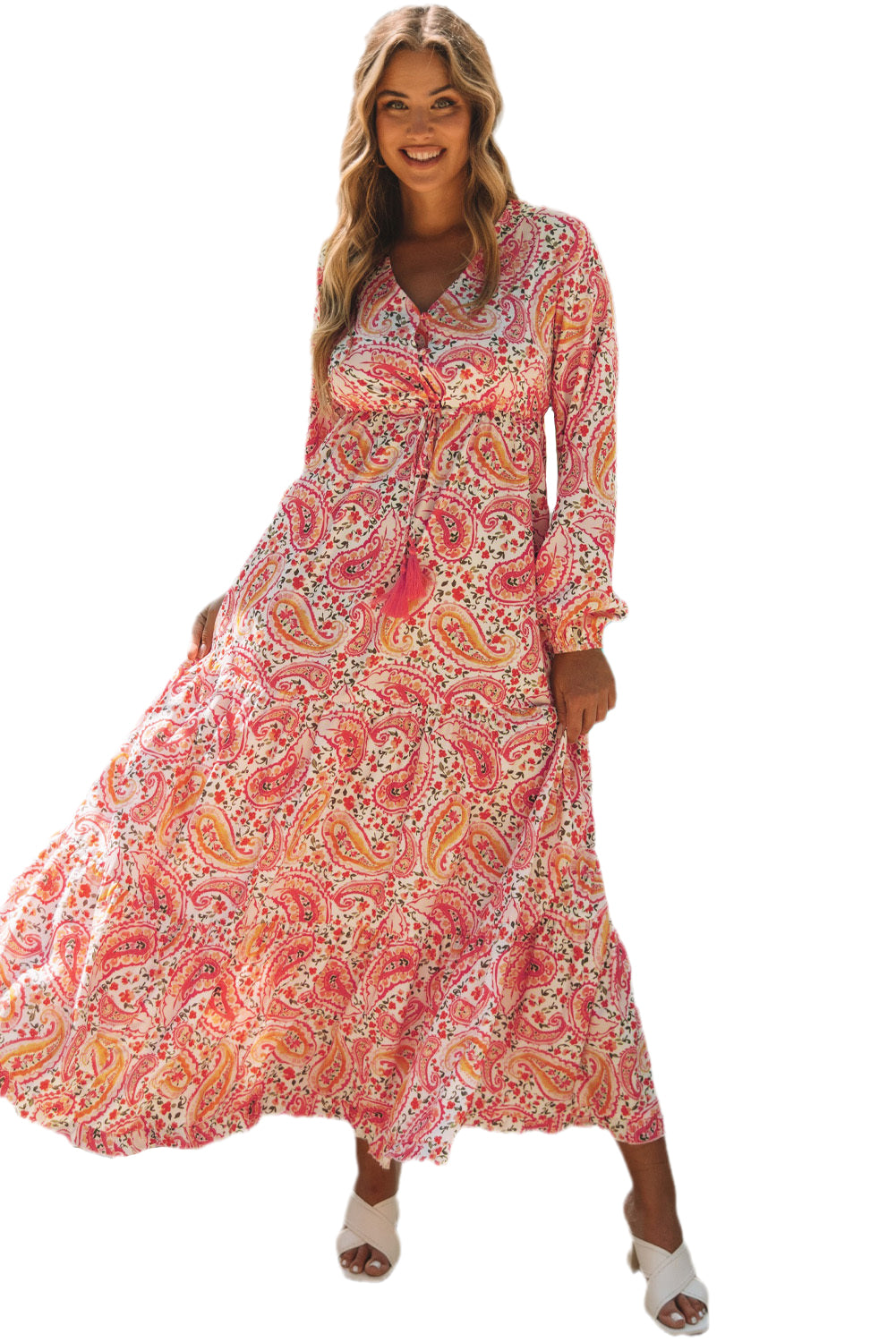 Orange Boho Holiday Paisley Print Tiered Long Sleeve Maxi Dress