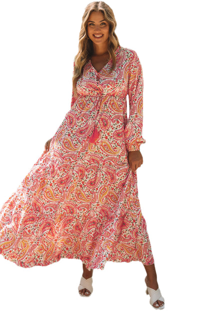 Orange Boho Holiday Paisley Print Tiered Long Sleeve Maxi Dress