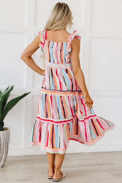 Pink Rainbow Stripe Ruffles Ruched Tiered Dress