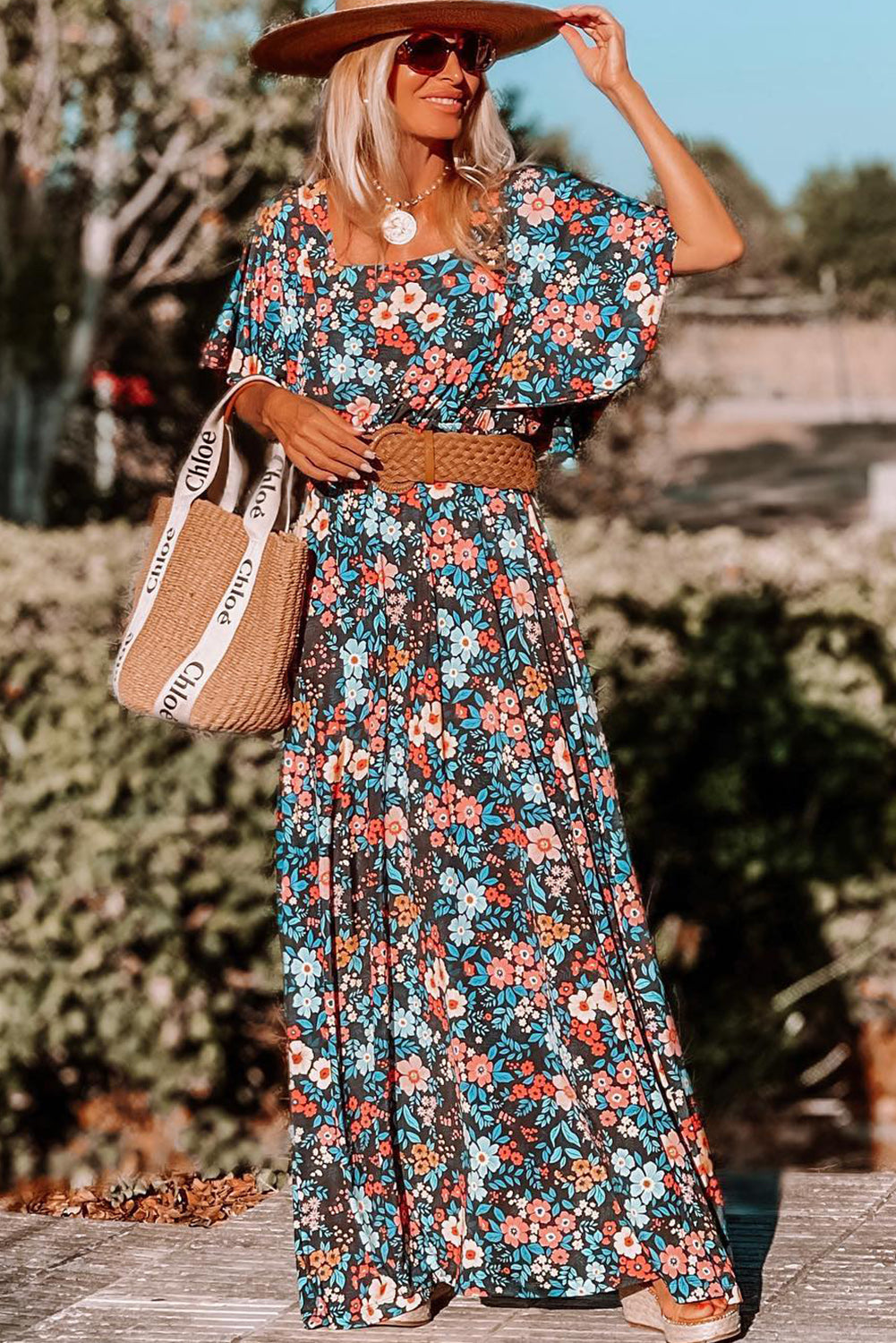 Sky Blue Floral Knotted Back Square Neck Maxi Dress