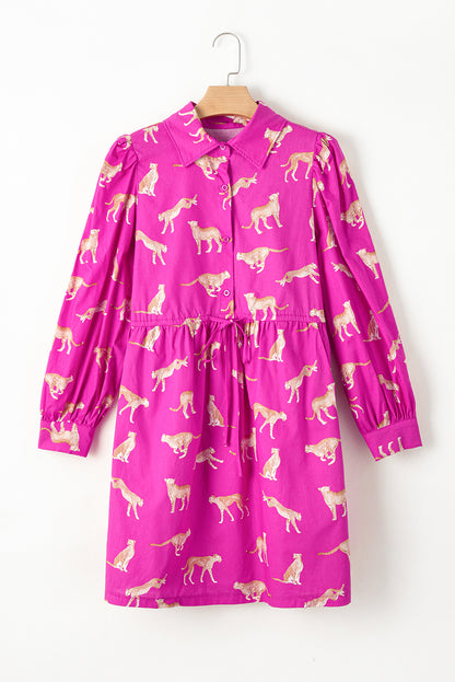 Rose Cheetah Print Drawstring Tunic Shirt Dress