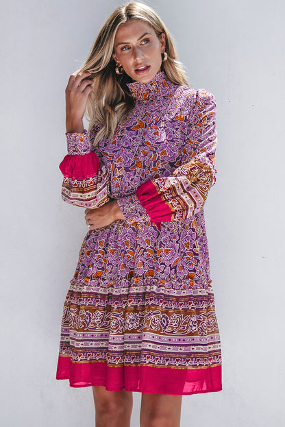 Purple Floral Smocked Puff Sleeve High Neck Mini Dress