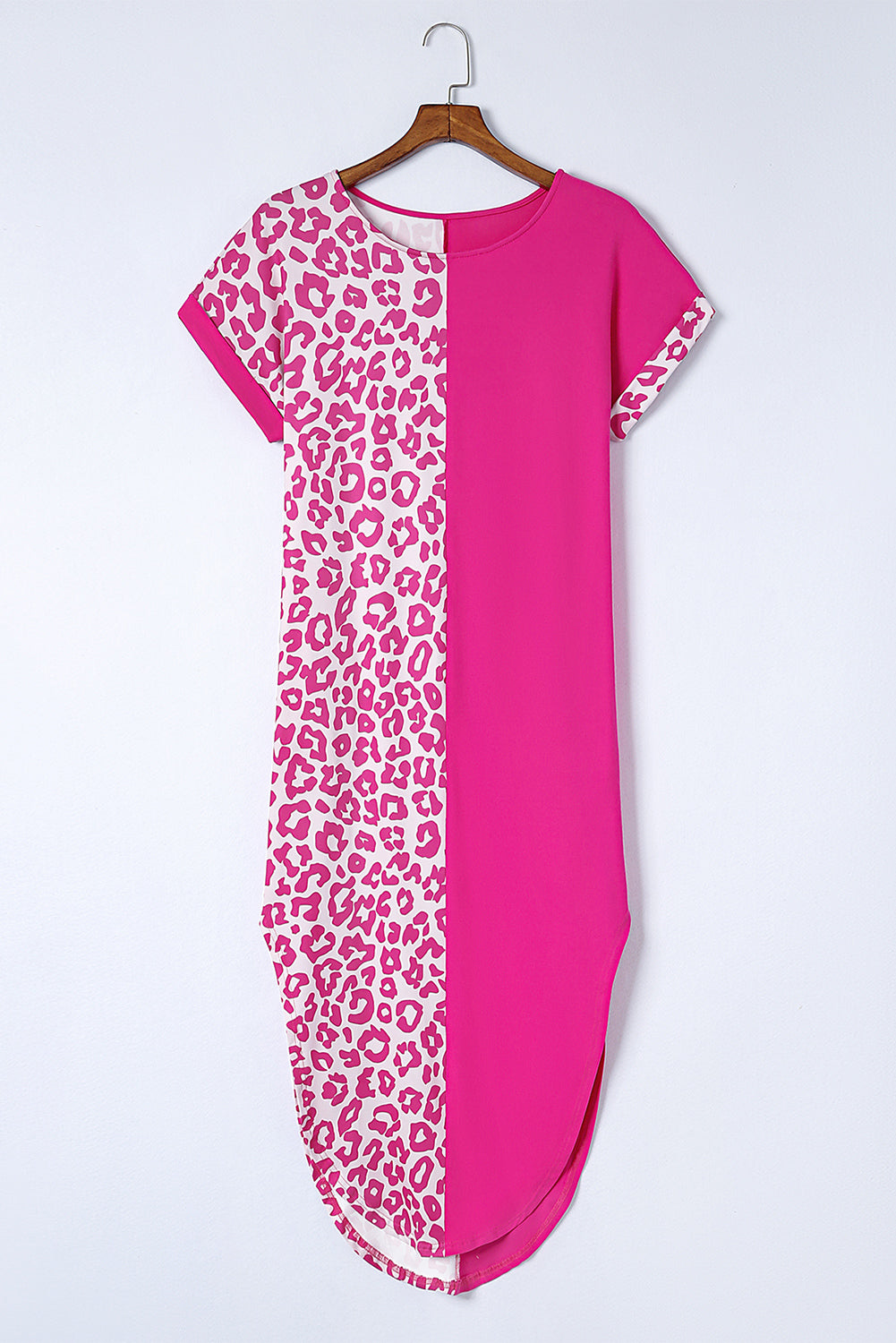 Rose Contrast Solid Leopard Short Sleeve T-shirt Dress with Slits