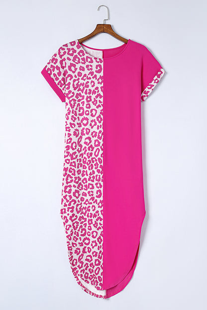 Rose Contrast Solid Leopard Short Sleeve T-shirt Dress with Slits