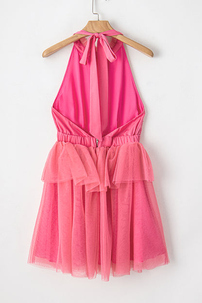 Strawberry Pink Gauze Ruffle Tiered Knotted Halter Dress