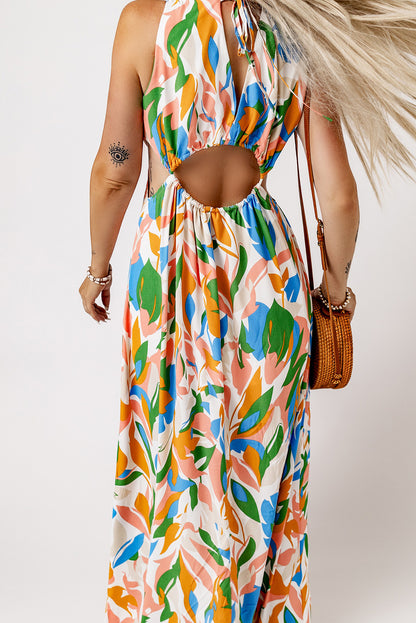 Multicolor Leaf Print Cut-out High Slit Maxi Dress