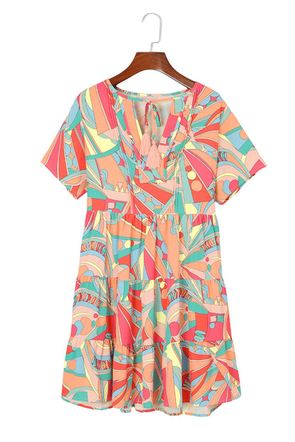 Multicolor Abstract Geometric Print Tassel Tie Flared Dress