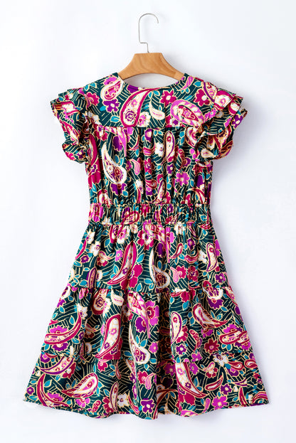 Green Paisley Print Flutter Sleeve Tiered Ruffle Dress