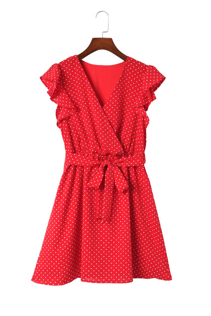 Fiery Red Polka Dot V Neck Ruffle Sleeve Dress