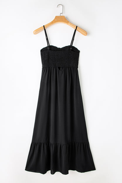 Black Spaghetti Straps Smocked Front Slit Buttoned Dress