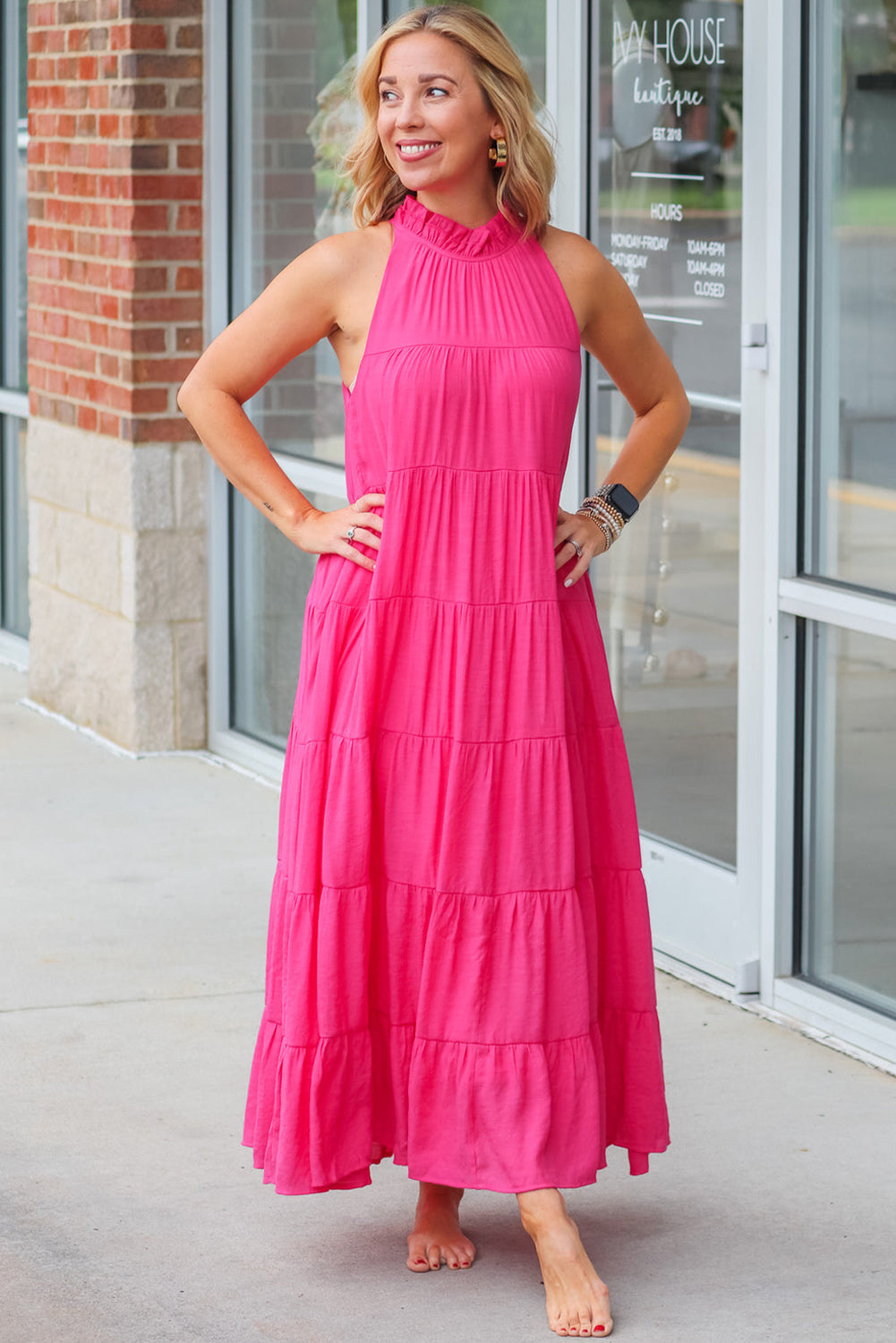 Rose Red High Frilled Neck Tiered Sleeveless Maxi Dress