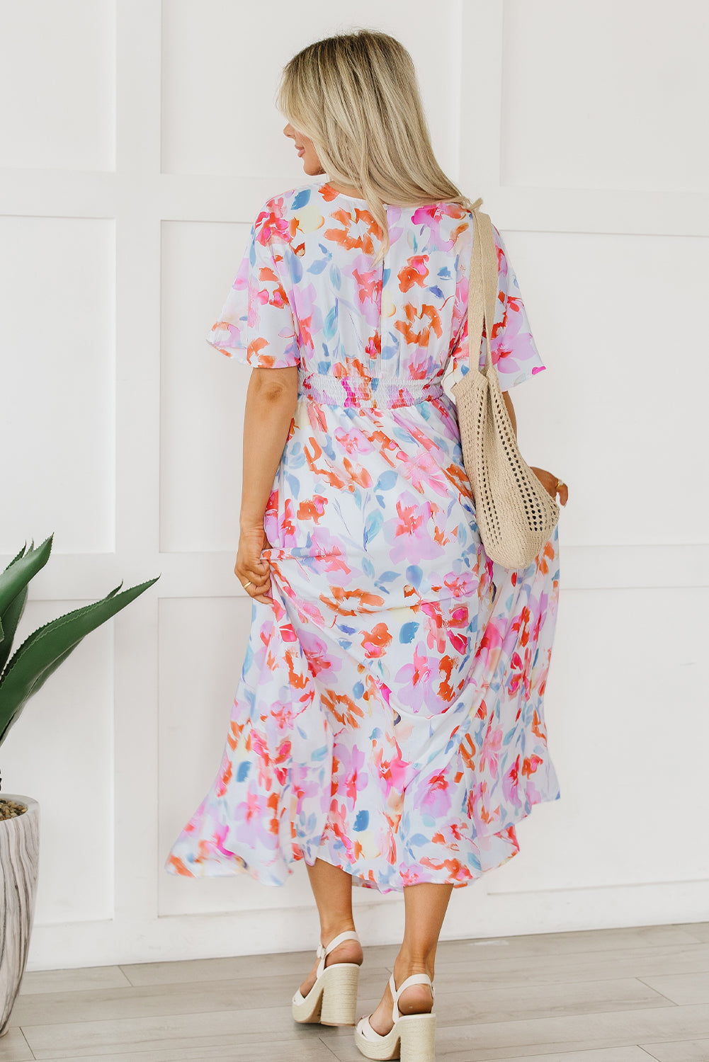 Multicolor Tropical Floral Print Ruched V Neck Maxi Dress