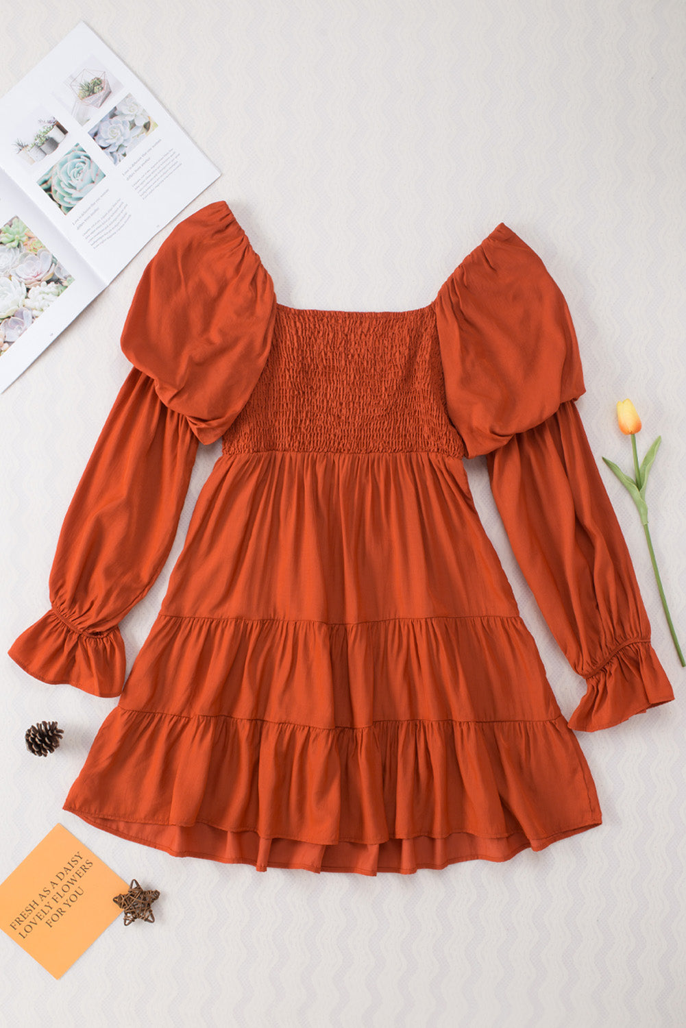 Brown Boho Solid Shirred Ruffle Mini Dress