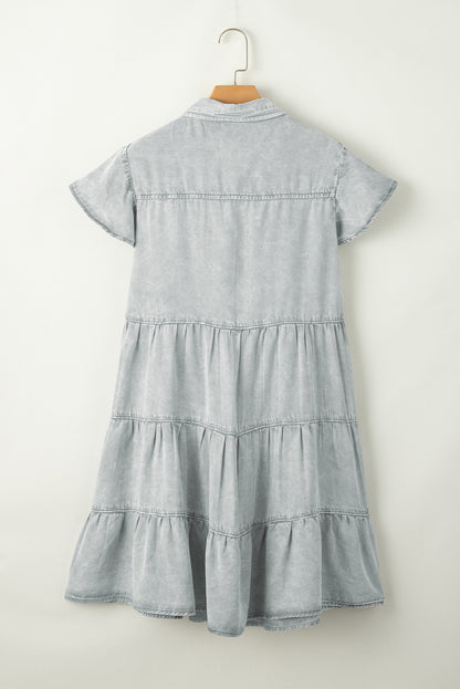 Light Grey Mineral Washed Ruffle Sleeve Tiered Chambray Dress