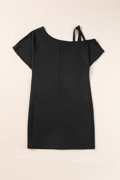 Black Asymmetric Shoulder Short Sleeve Mini Dress