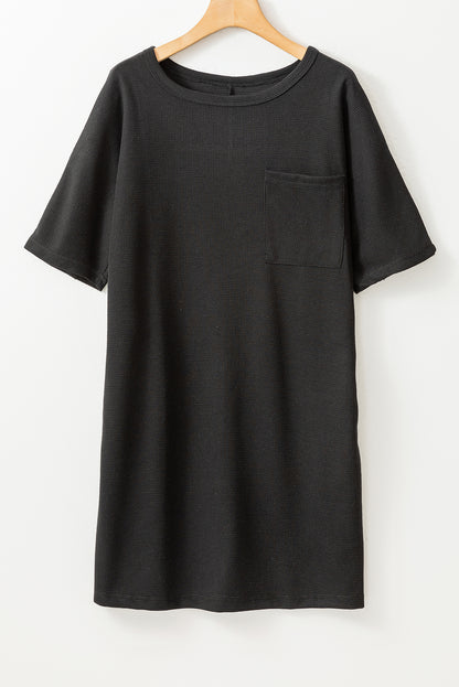 Black Waffle Knit T-shirt Dress with Pockets