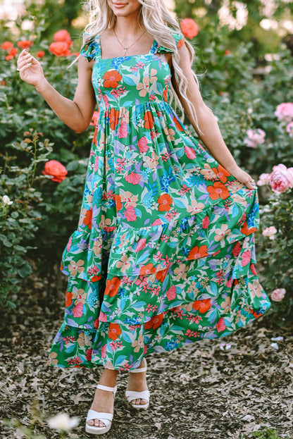 Green Floral Print Sleeveless Ruffle Tiered Maxi Dress