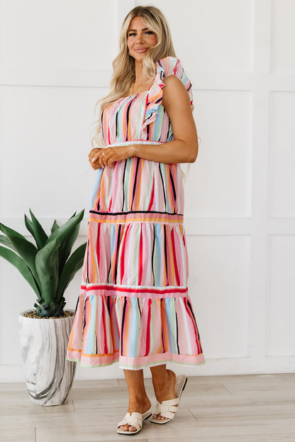 Pink Rainbow Stripe Ruffles Ruched Tiered Dress