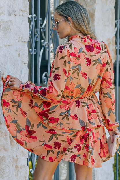 Fiery Red Frilled Collar Long Sleeve Floral Dress with Ruffle