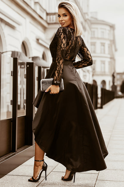 Black Long Sleeve Lace High Low Satin Prom Dress