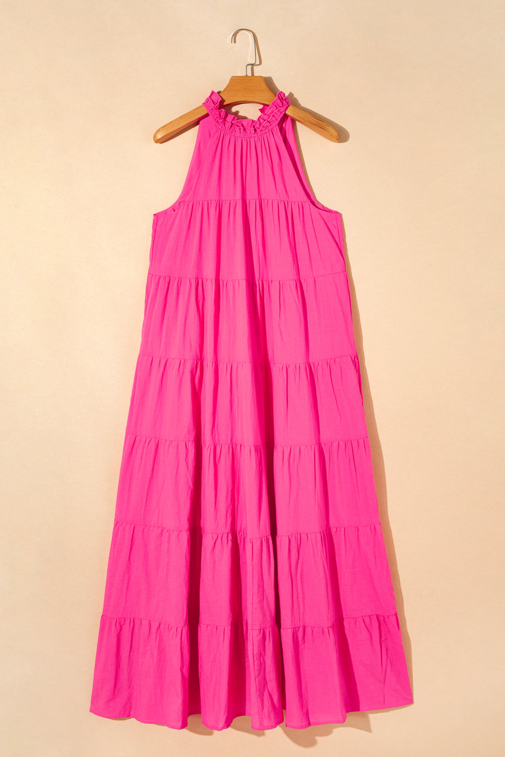 Rose Red High Frilled Neck Tiered Sleeveless Maxi Dress