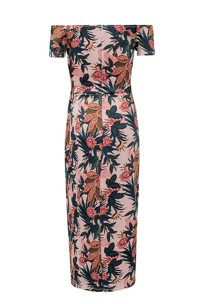 Pink Pattern Print Off Shoulder Slit Bodycon Midi Dress