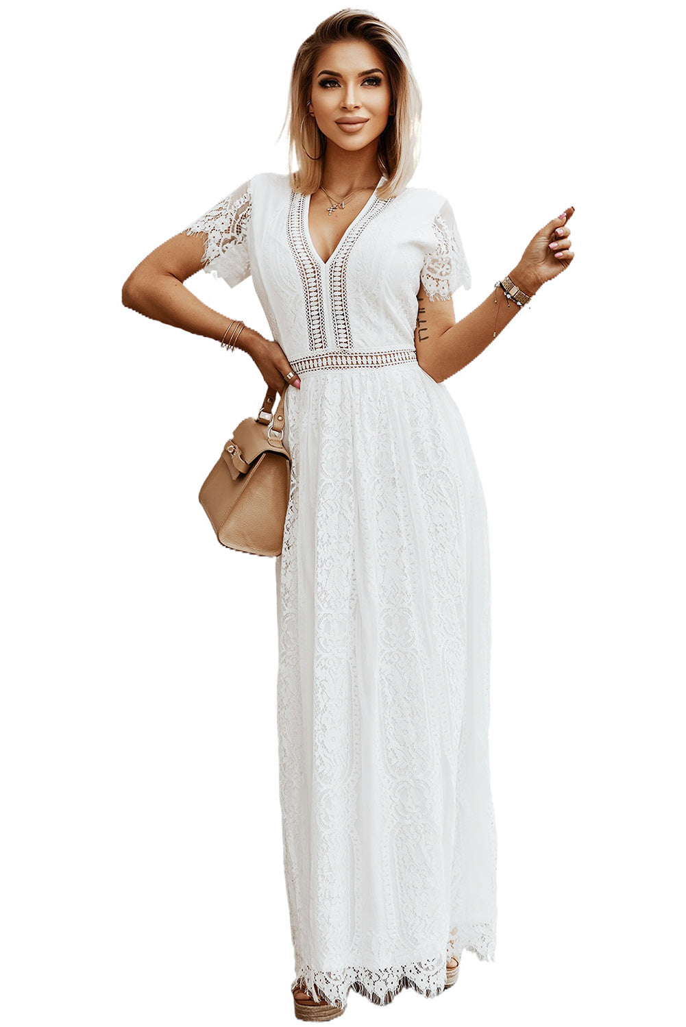 White V Neck High Waist Lace Maxi Dress