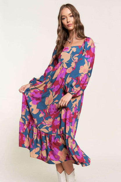 Multicolour Floral Print Square Neck Ruffled High Waist Dress