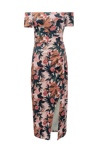 Pink Pattern Print Off Shoulder Slit Bodycon Midi Dress