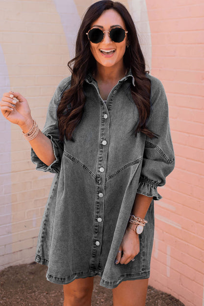 Gray Buttoned Long Sleeve Denim Mini Dress