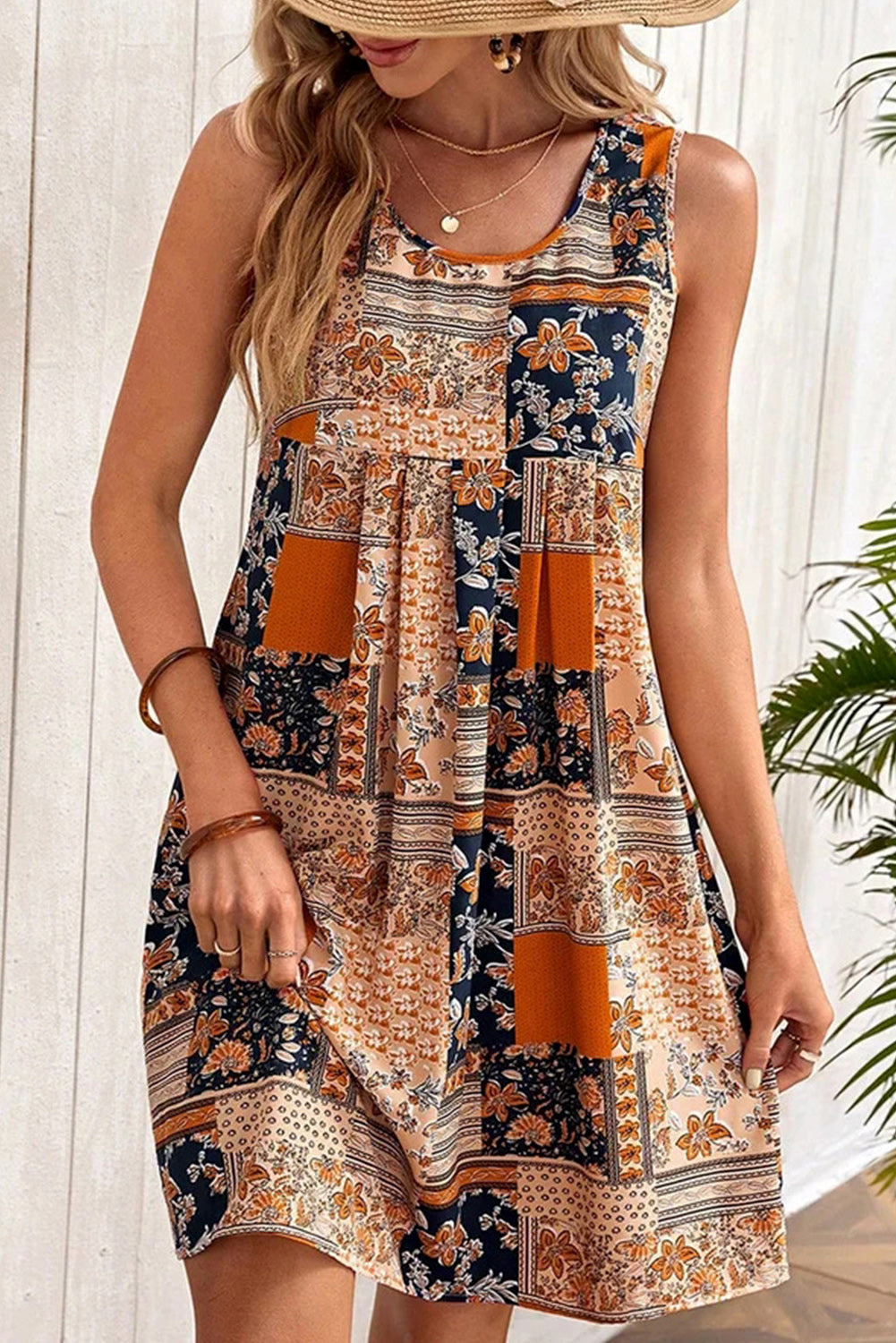 Orange Retro Floral Patchwork Print Sleeveless Mini Dress