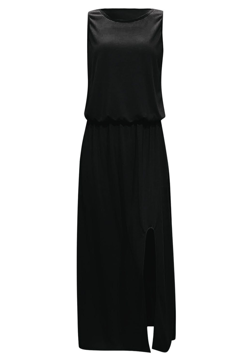 Black Solid Sleeveless Tunic Maxi Dress with Split