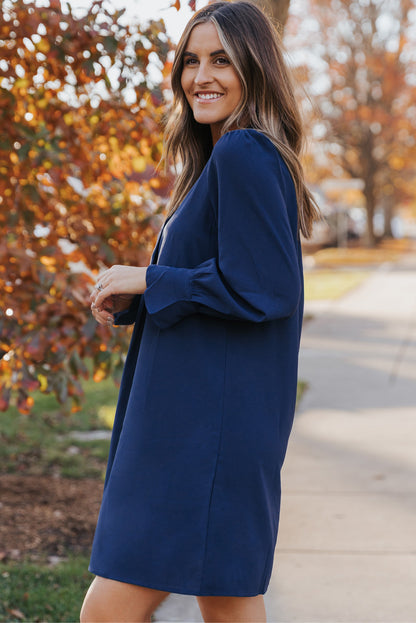 Blue Split V Neck Ruffled Sleeves Shirt Dress