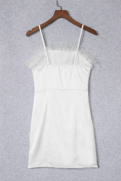 White Fluffy Feather Trim Strapless Mini Dress