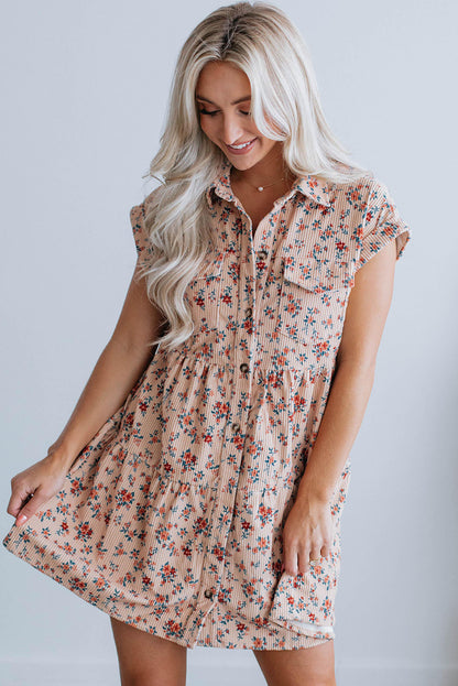 Pink Short Sleeve Flap Pockets Shirt Floral Dress