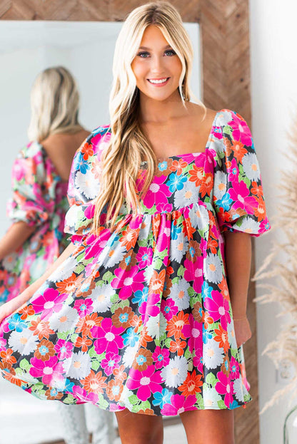 Rose Floral Print Square Neck Short Puff Sleeve Dress