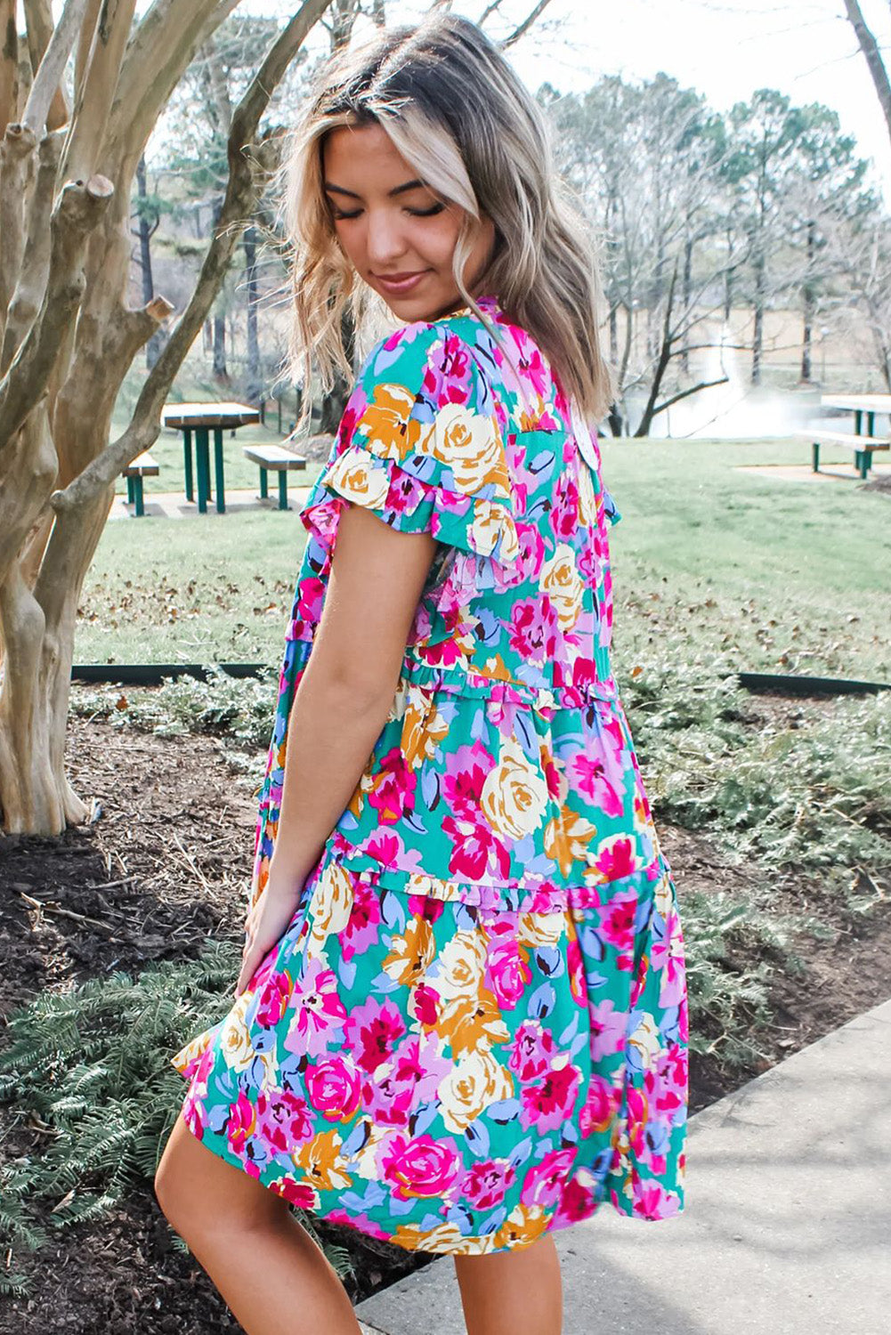 Green Rose Floral Print Ruffled Short Dress