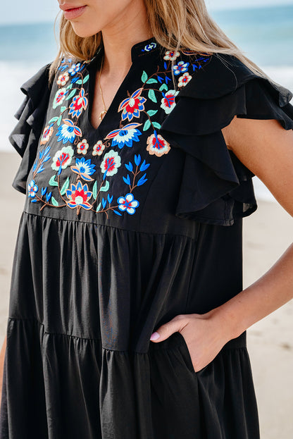 Black Floral Embroidered Tiered Ruffled Mini Dress