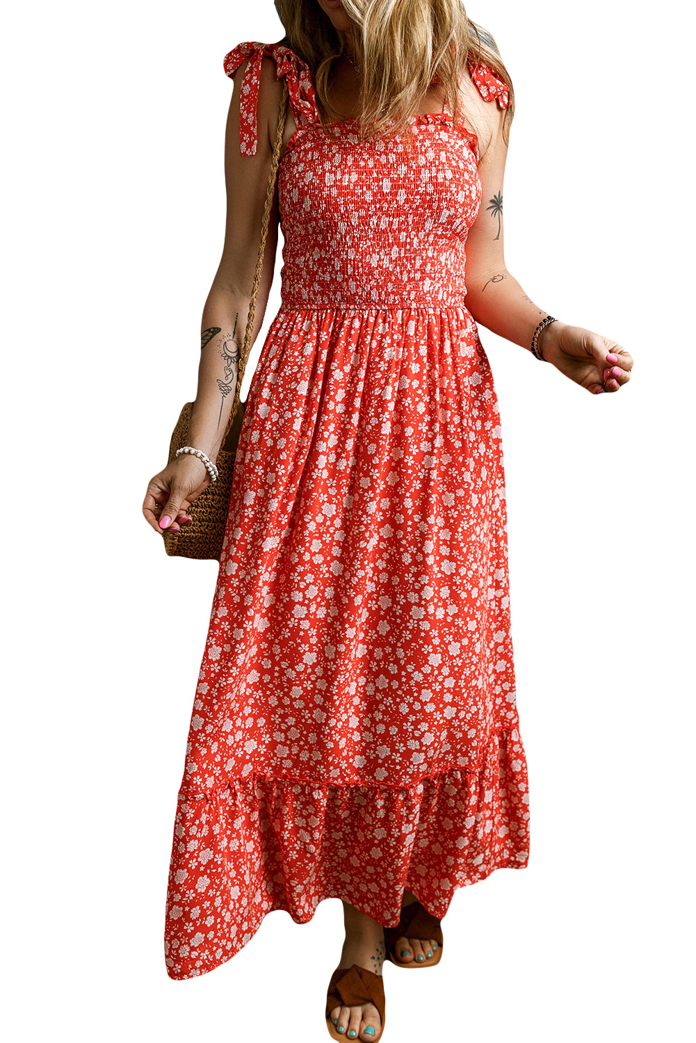 Red Boho Floral Self Tie Straps Smocked Bodice Long Dress