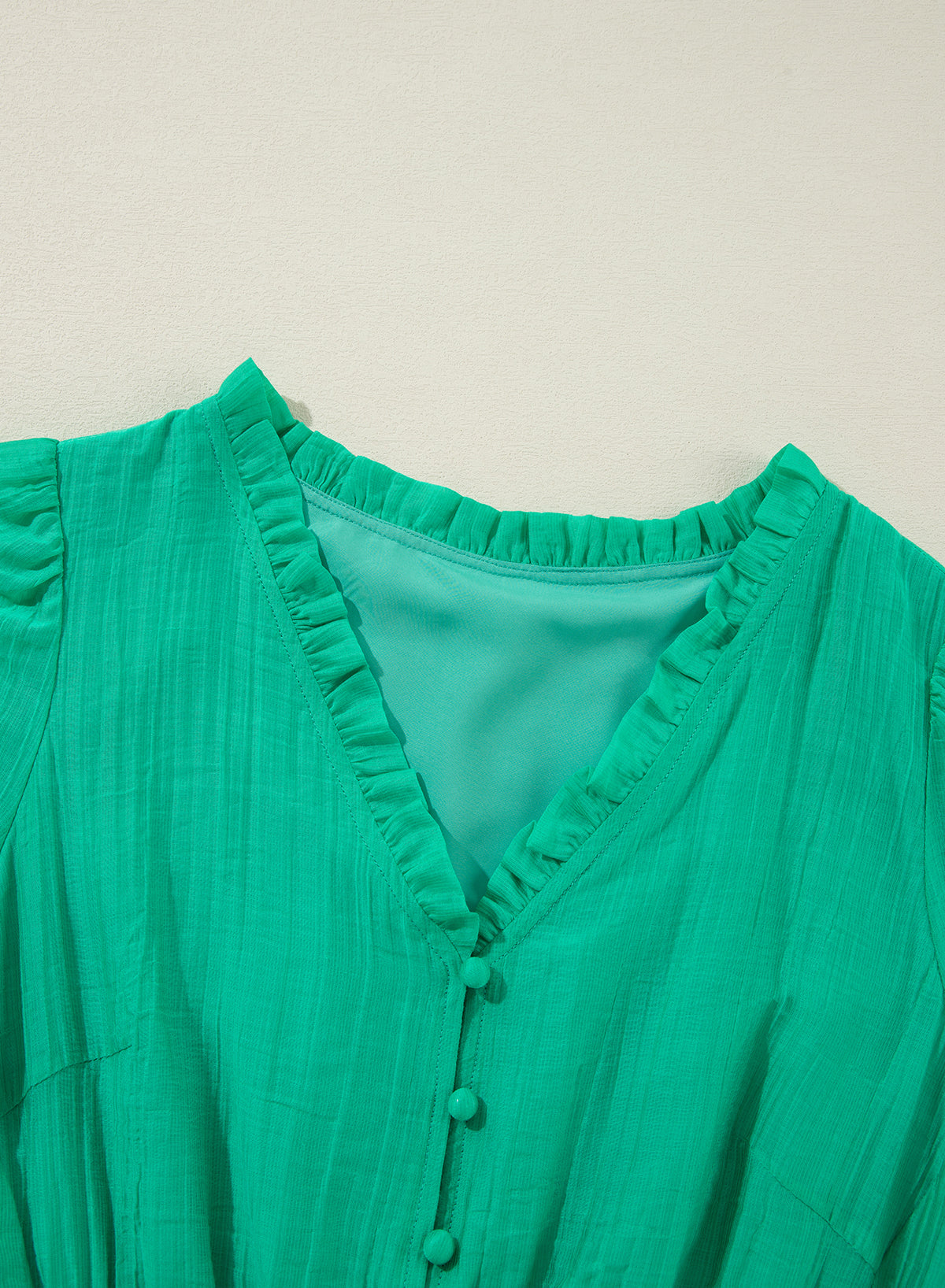 Sea Green Frilly V Neck Puff Sleeve Drawstring Shift Mini Dress