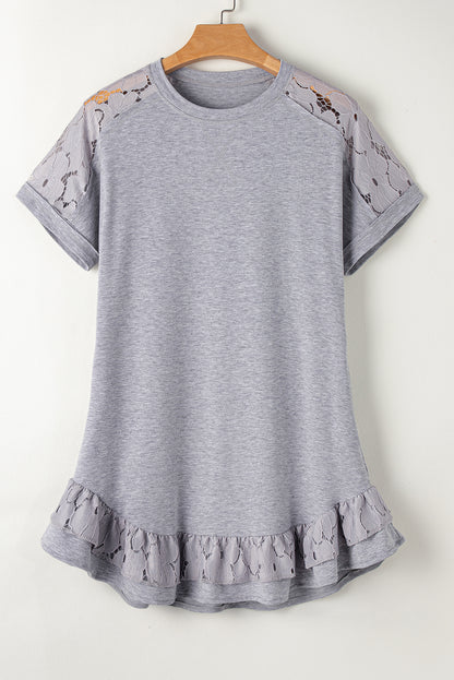 Light Grey Lace Floral Patchwork Ruffled T-shirt Dress