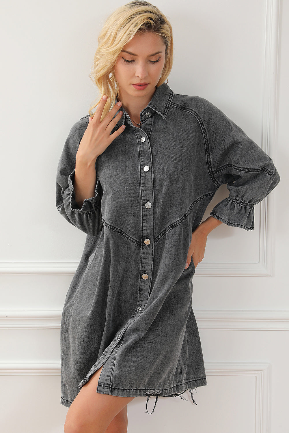 Gray Buttoned Long Sleeve Denim Mini Dress