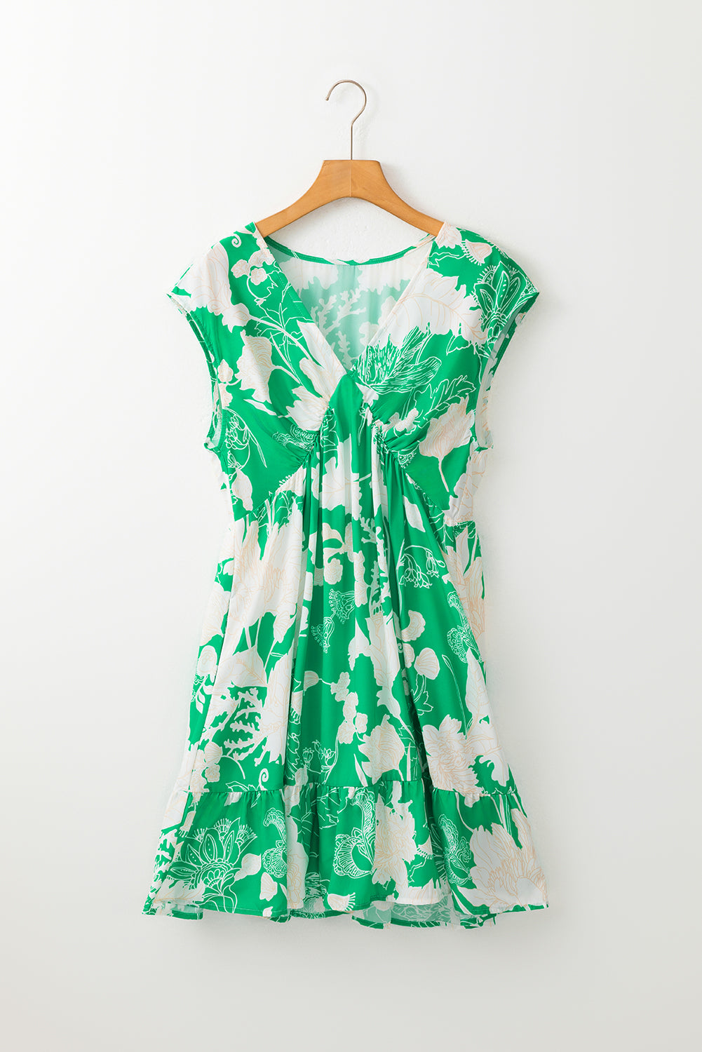 Green Floral Sleeveless V Neck Ruffled Hem Mini Dress