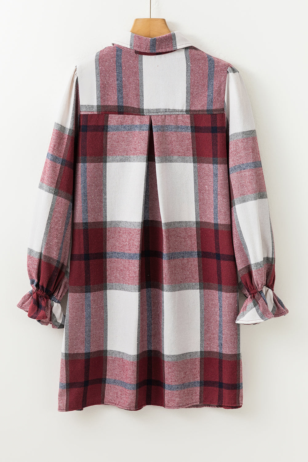 Plaid Pattern Collared Neck Ruffled Sleeve Shirt Dress