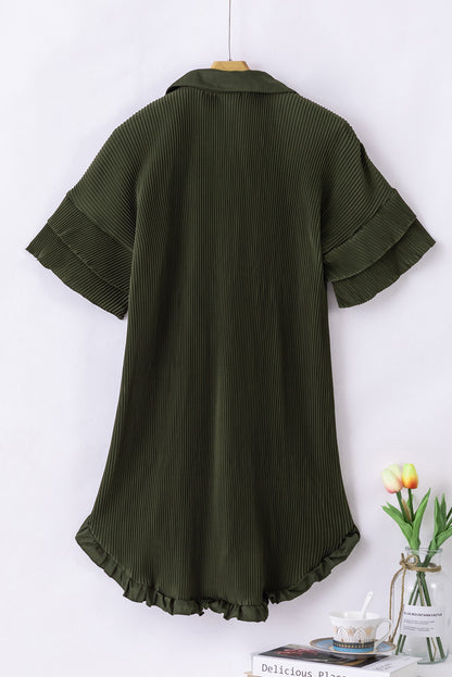 Moss Green High-low Hem Ruffle Sleeve Pleated Shirt Dress