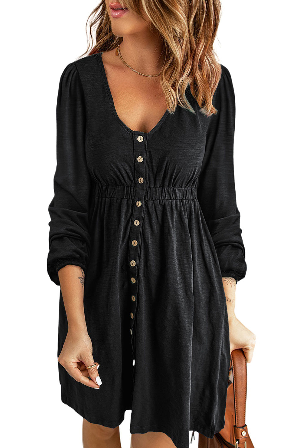 Black Button Up High Waist Long Sleeve Dress